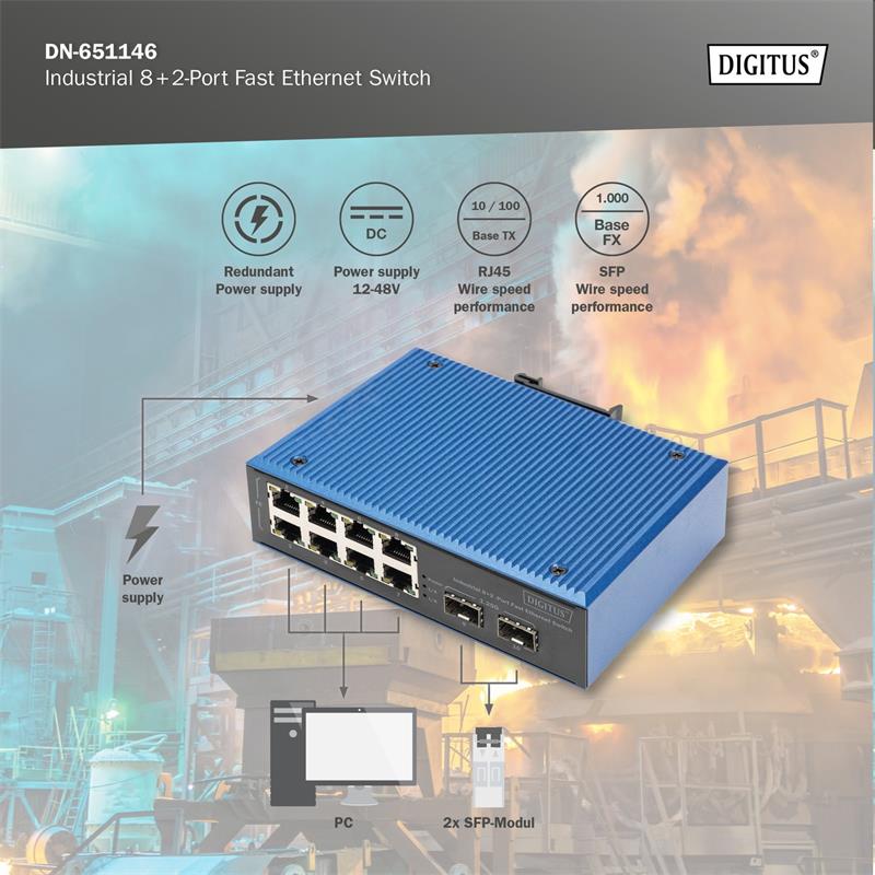 DIGITUS Industrial 8+2-Port Fast Ethernet Switch 8 Port FE RJ45, 2 GE SFP Ports 