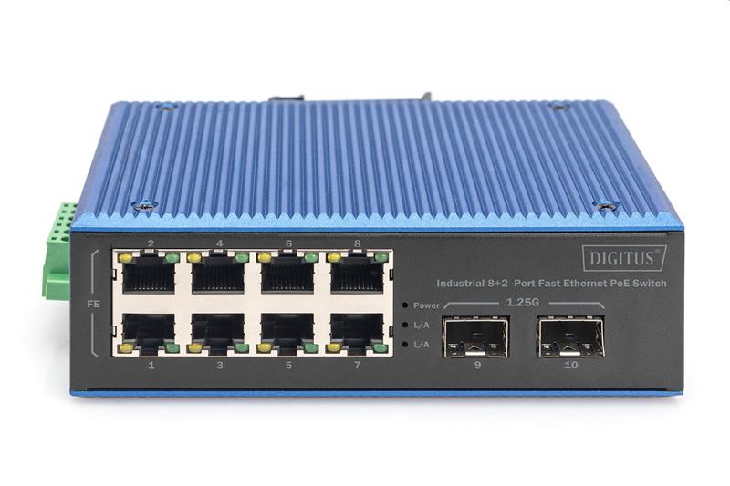 DIGITUS Industrial 8+2-Port Fast Ethernet PoE Switch 8 Port PoE FE RJ45, 2 GE SFP Ports 