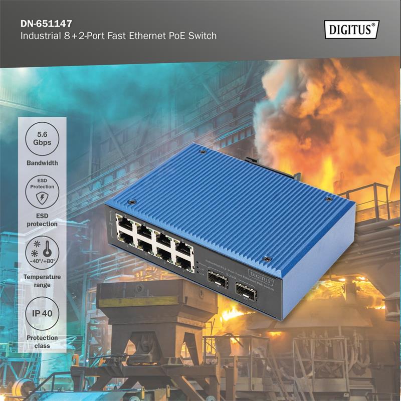 DIGITUS Industrial 8+2-Port Fast Ethernet PoE Switch 8 Port PoE FE RJ45, 2 GE SFP Ports 