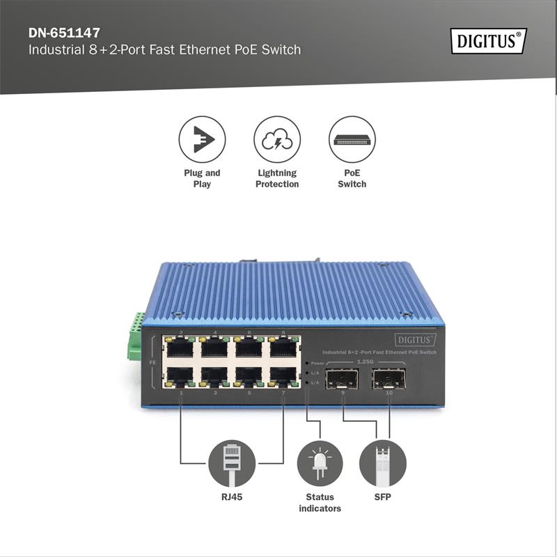 DIGITUS Industrial 8+2-Port Fast Ethernet PoE Switch 8 Port PoE FE RJ45, 2 GE SFP Ports 