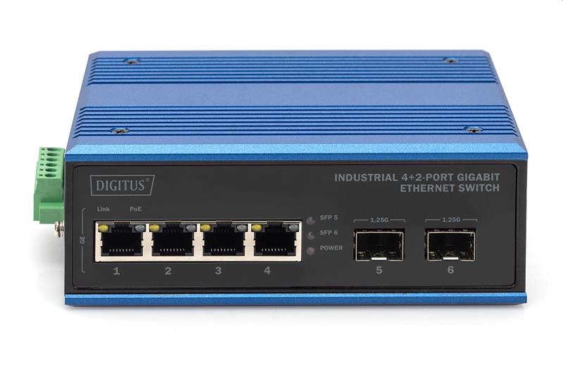 DIGITUS Industrial 4+2-Port Gigabit Ethernet Switch 4 Port GE RJ 54, 2 GE SFP Port 