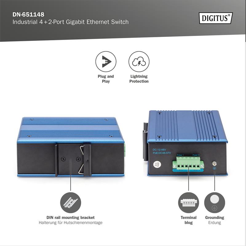 DIGITUS Industrial 4+2-Port Gigabit Ethernet Switch 4 Port GE RJ 54, 2 GE SFP Port 