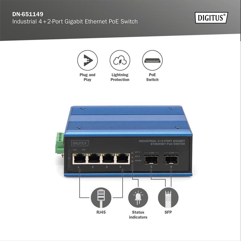 DIGITUS Industrial 4+2-Port Gigabit Ethernet PoE Switch 4 Port GE PoE RJ45, 2 GE SFP Port 