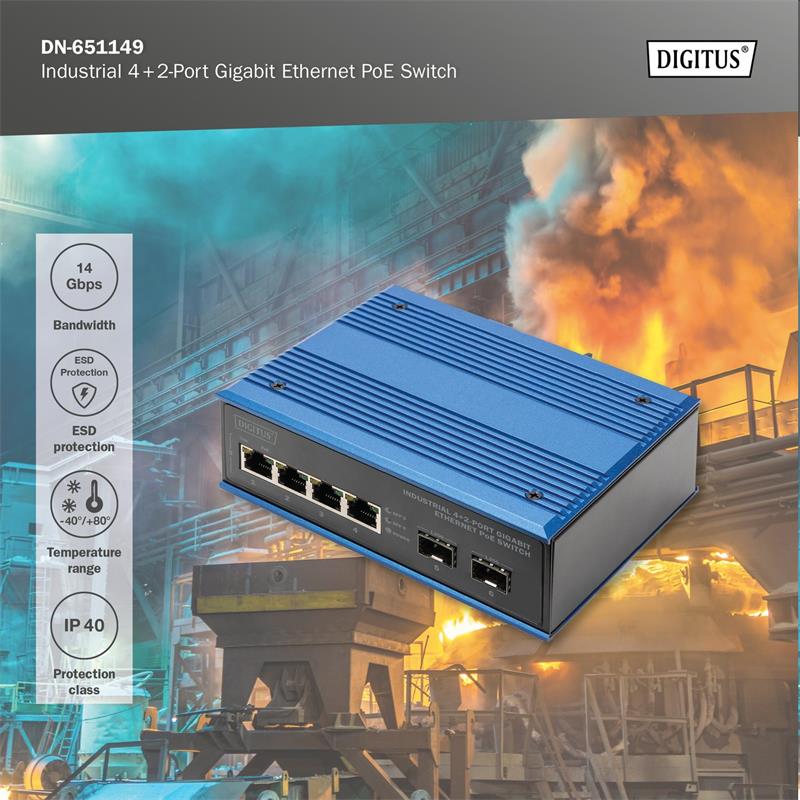 DIGITUS Industrial 4+2-Port Gigabit Ethernet PoE Switch 4 Port GE PoE RJ45, 2 GE SFP Port 