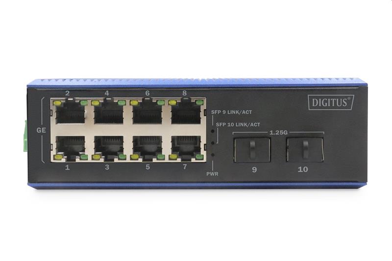 DIGITUS Industrial 8+2-Port Gigabit Ethernet Switch 8 Port GE RJ 54, 2 GE SFP Port 