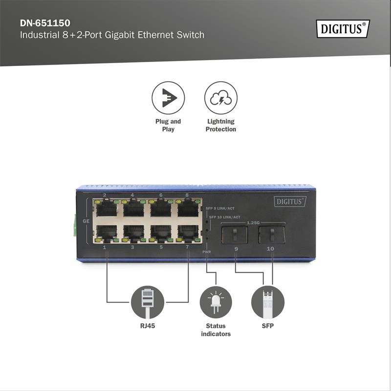 DIGITUS Industrial 8+2-Port Gigabit Ethernet Switch 8 Port GE RJ 54, 2 GE SFP Port 