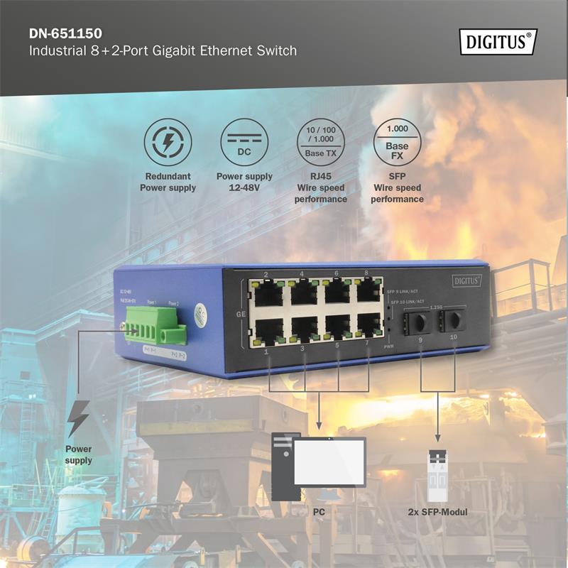 DIGITUS Industrial 8+2-Port Gigabit Ethernet Switch 8 Port GE RJ 54, 2 GE SFP Port 