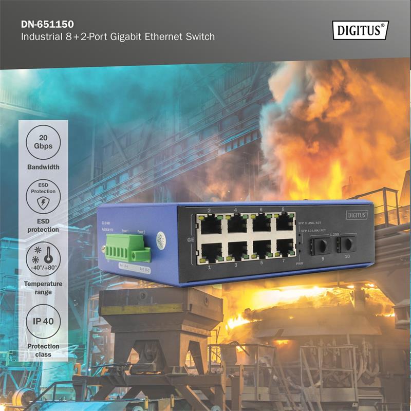 DIGITUS Industrial 8+2-Port Gigabit Ethernet Switch 8 Port GE RJ 54, 2 GE SFP Port 