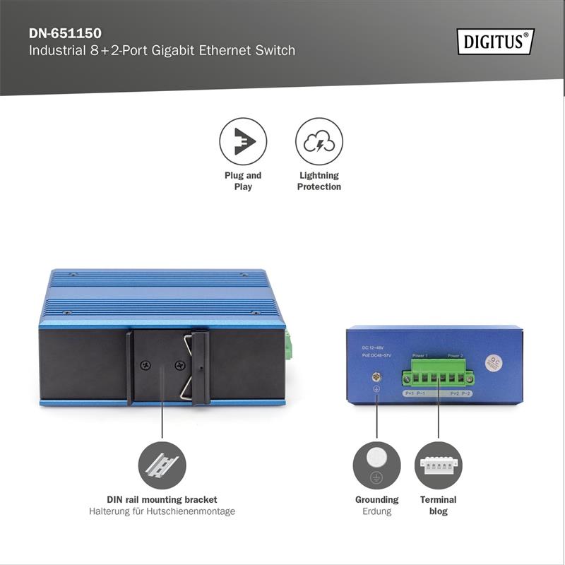 DIGITUS Industrial 8+2-Port Gigabit Ethernet Switch 8 Port GE RJ 54, 2 GE SFP Port 