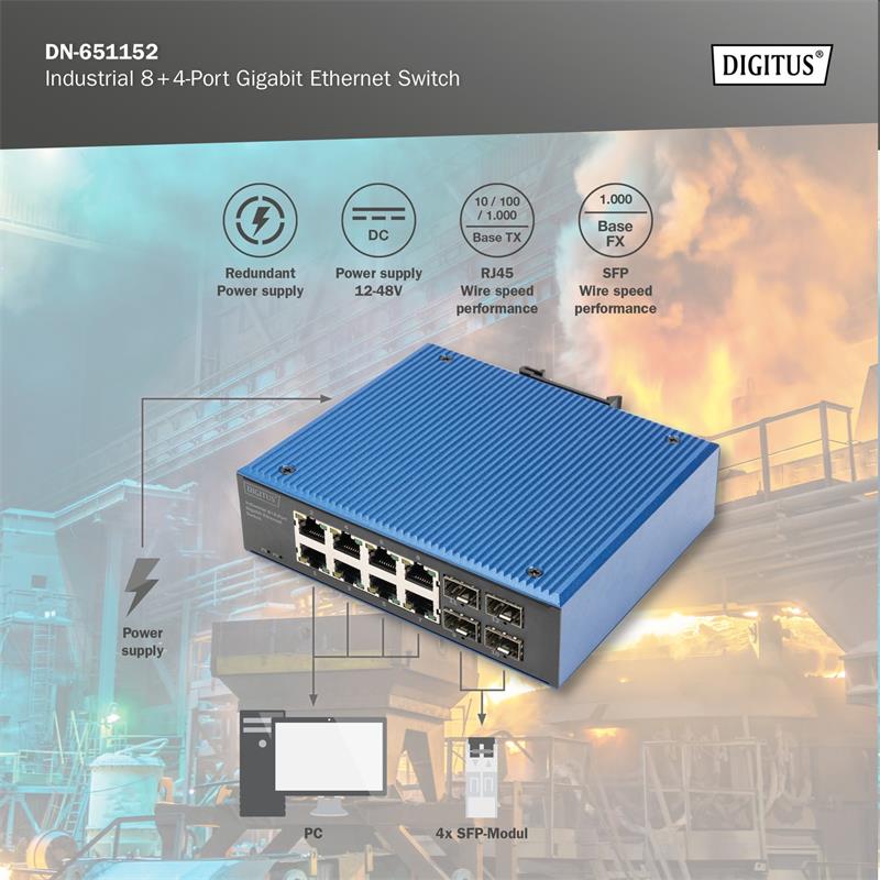 DIGITUS Industrial 8+4-Port Gigabit Ethernet Switch 8 x GE RJ45 + 2 SFP+ Port 