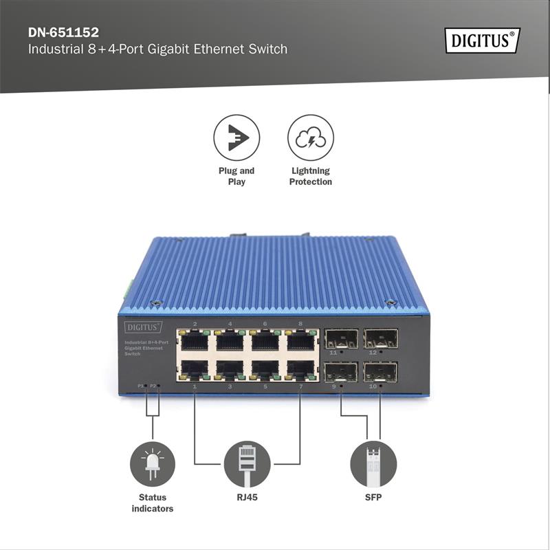 DIGITUS Industrial 8+4-Port Gigabit Ethernet Switch 8 x GE RJ45 + 2 SFP+ Port 