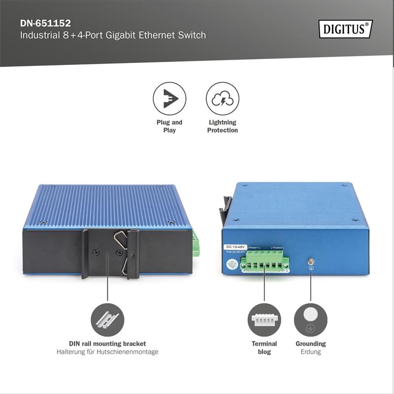 DIGITUS Industrial 8+4-Port Gigabit Ethernet Switch 8 x GE RJ45 + 4 SFP Port 