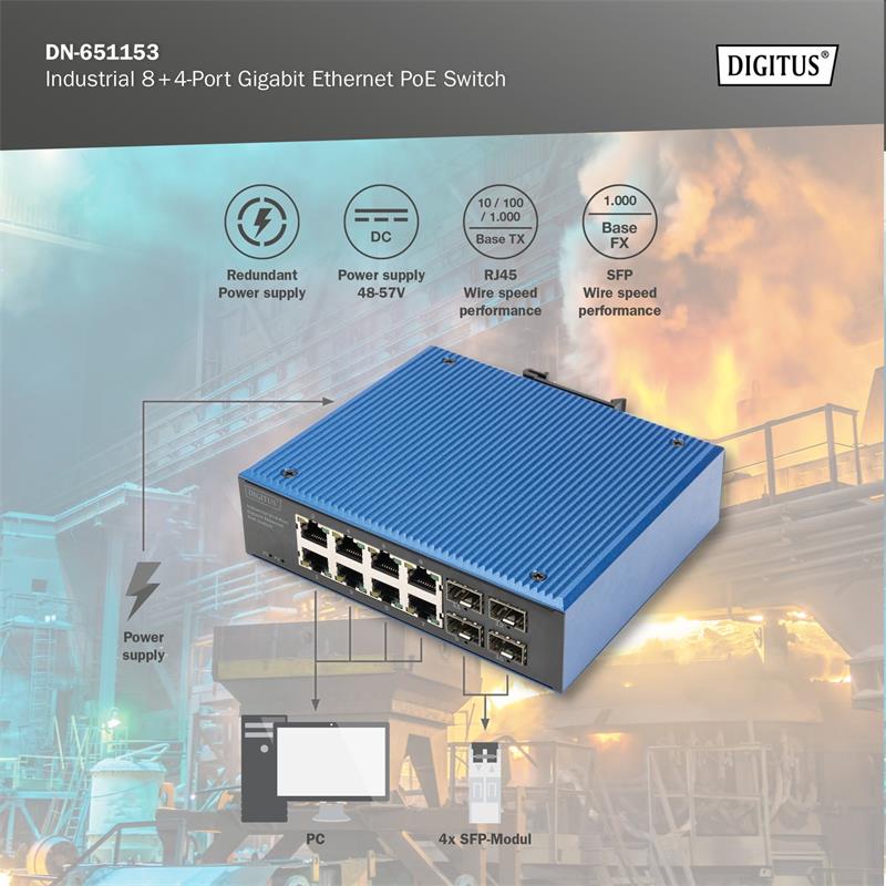 DIGITUS Industrial 8+4-Port Gigabit Ethernet PoE Switch 8 x GE RJ45 + 2 SFP+ Port, PoE 