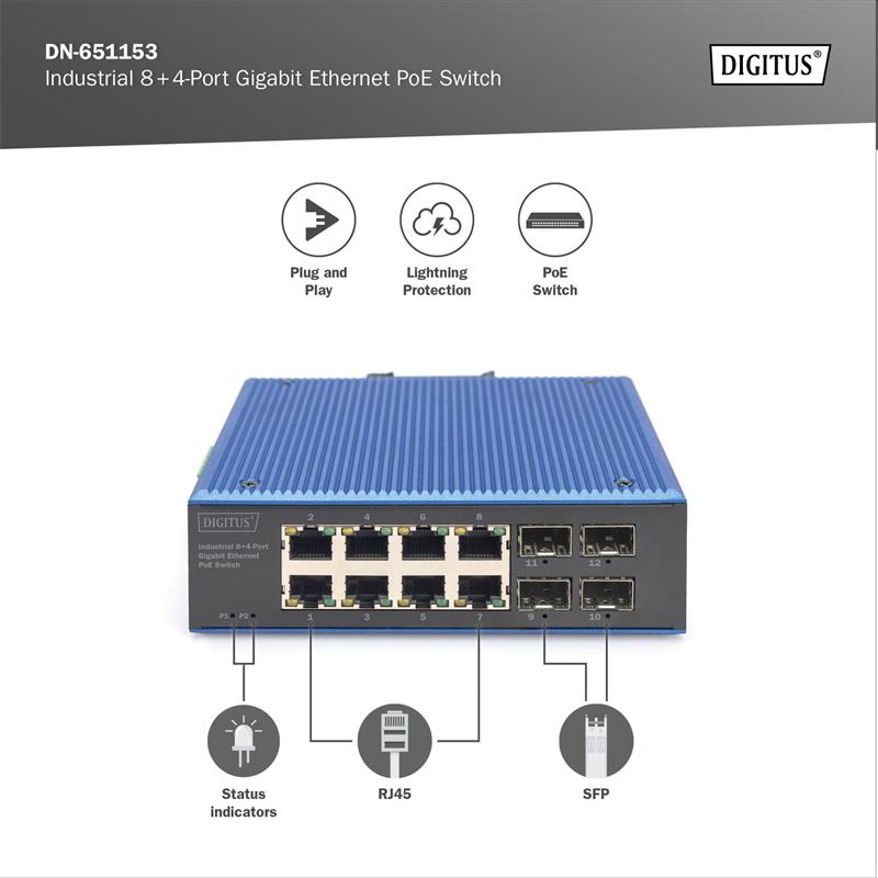 DIGITUS Industrial 8+4-Port Gigabit Ethernet PoE Switch 8 x GE RJ45 + 4 SFP Port, PoE 