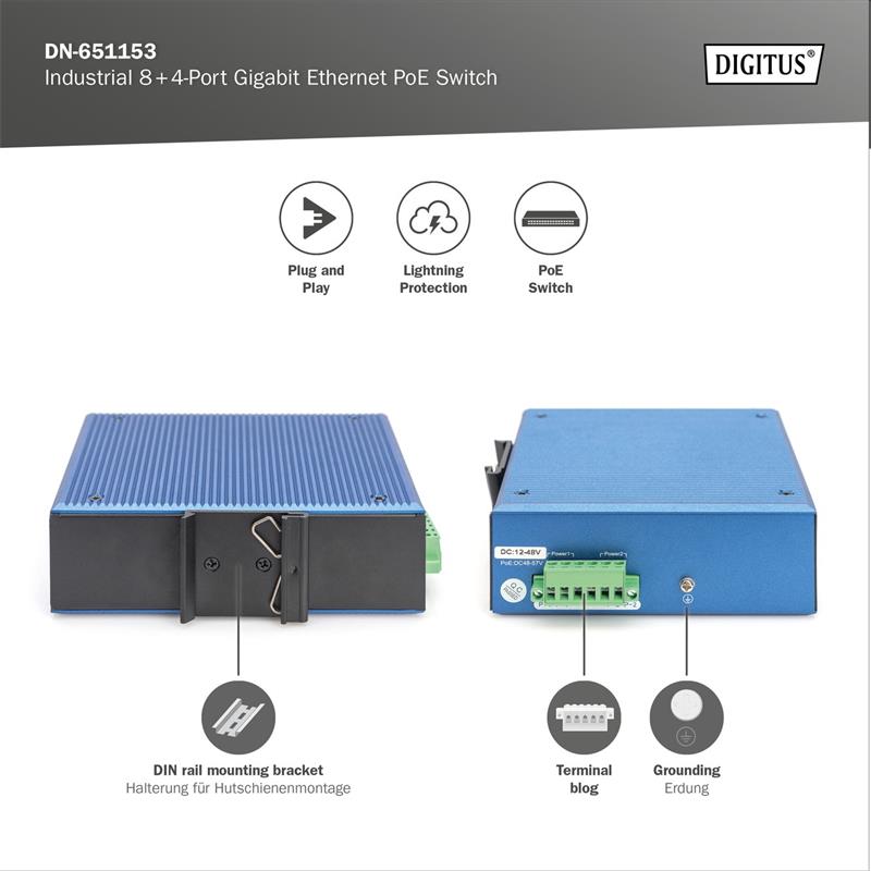 DIGITUS Industrial 8+4-Port Gigabit Ethernet PoE Switch 8 x GE RJ45 + 2 SFP+ Port, PoE 