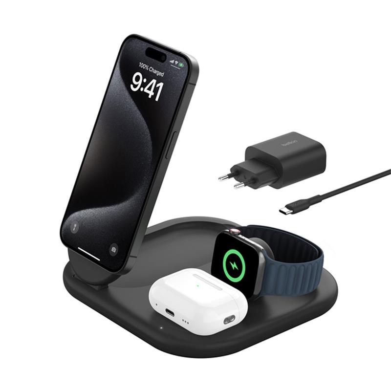 Belkin Boost Charge 3-in-1 Magnetic Foldable Wireless Charger with Qi2 15W + 36W Charger - Black 