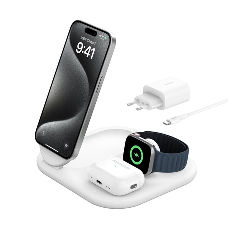 Belkin Boost Charge 3-in-1 Magnetic Foldable Wireless Charger with Qi2 15W + 36W Charger - White 