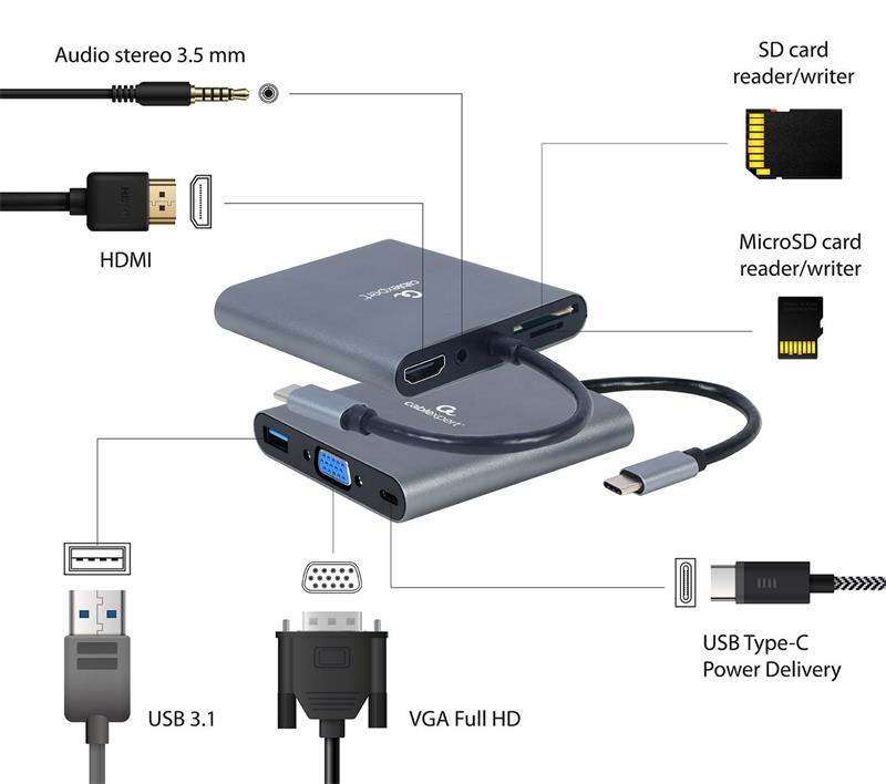 Kábel CABLEXPERT USB-C 6-in-1 multi-port adaptér (Hub3.1 + HDMI + VGA + PD + čtečka kariet + stereo audio) 