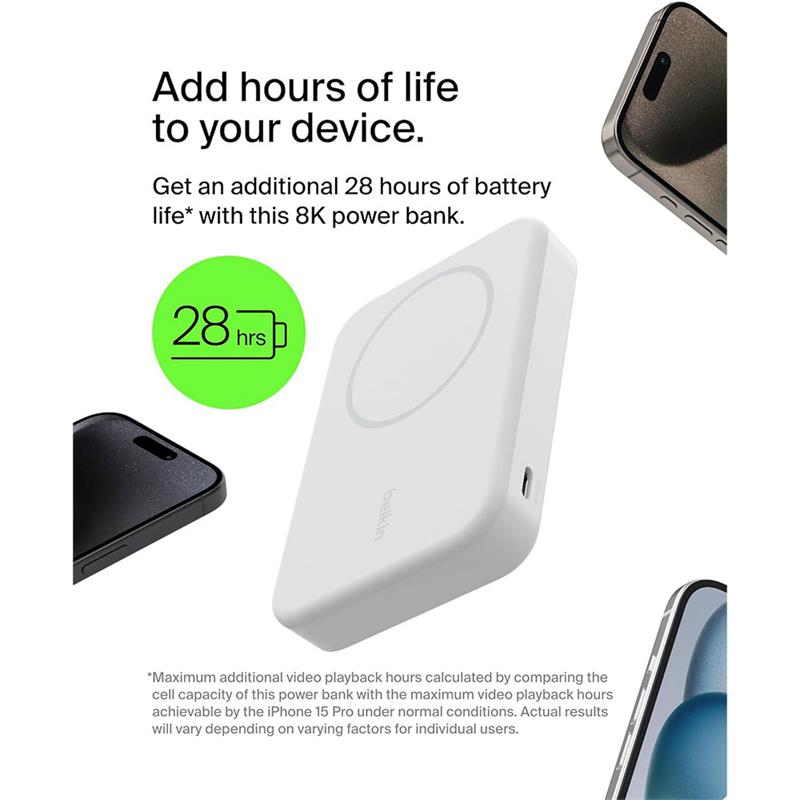 Belkin Boost Charge Pro Magnetic Power Bank with Qi2 8K + Stand - White 