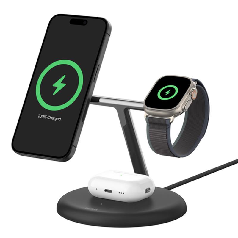 Belkin Boost Charge Pro 3-in-1 Magnetic Wireless Charging Stand with Qi2 15W - Black 