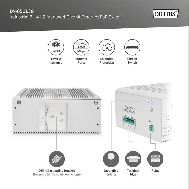 DIGITUS 8 port Gigabit Ethernet network PoE switch, industrial, L2 managed, 4 SFP uplink 