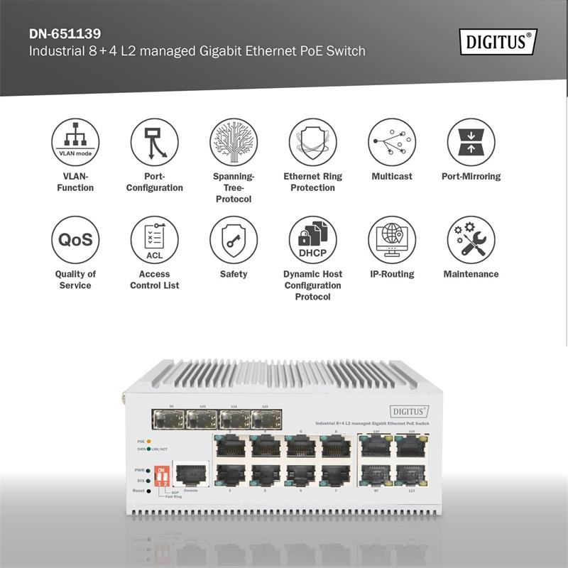 DIGITUS 8 port Gigabit Ethernet network PoE switch, industrial, L2 managed, 4 SFP uplink 
