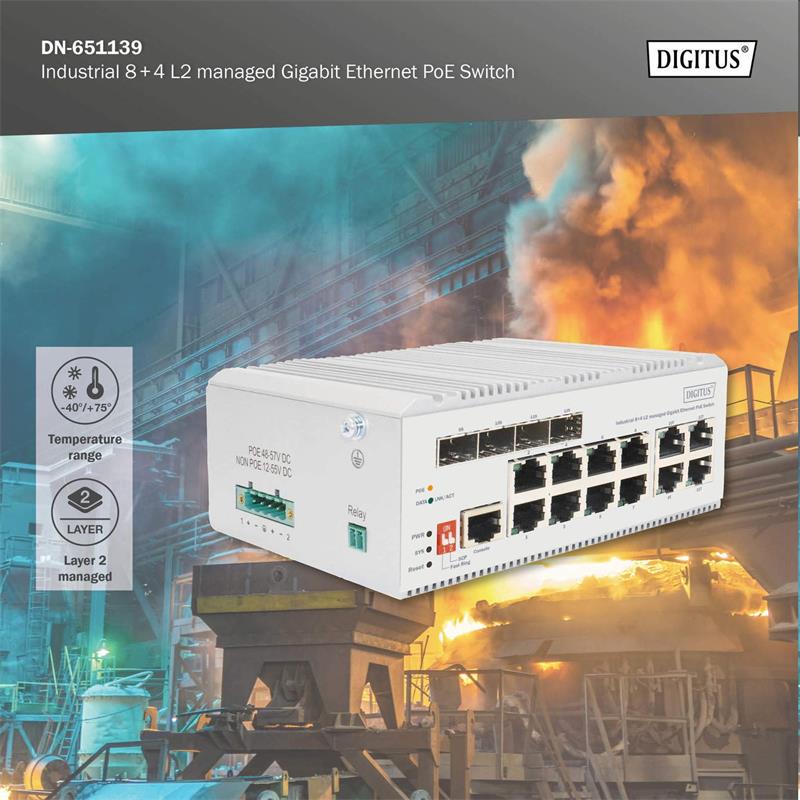 DIGITUS 8 port Gigabit Ethernet network PoE switch, industrial, L2 managed, 4 SFP uplink 