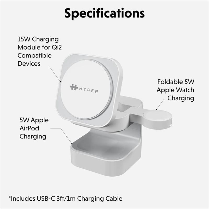 Hyper HyperJuice Qi2 3-in-1 Magnetic Charging Stand - White 