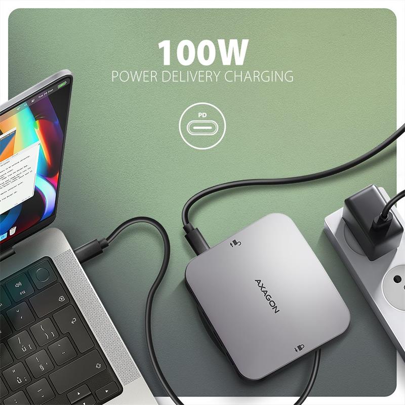 AXAGON HMC-UFO, USB 10Gbps hub, 2x USB-A, USB-C, HDMI 4k/60, RJ-45, M.2 slot, SD/mSD, audio, PD 100W, kábel USB-C 65cm 