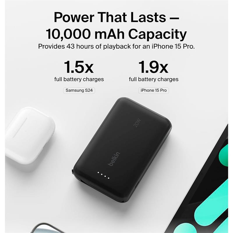 Belkin BoostCharge PowerBank 10K with Integrated USB-C Cable 20W - Blue 