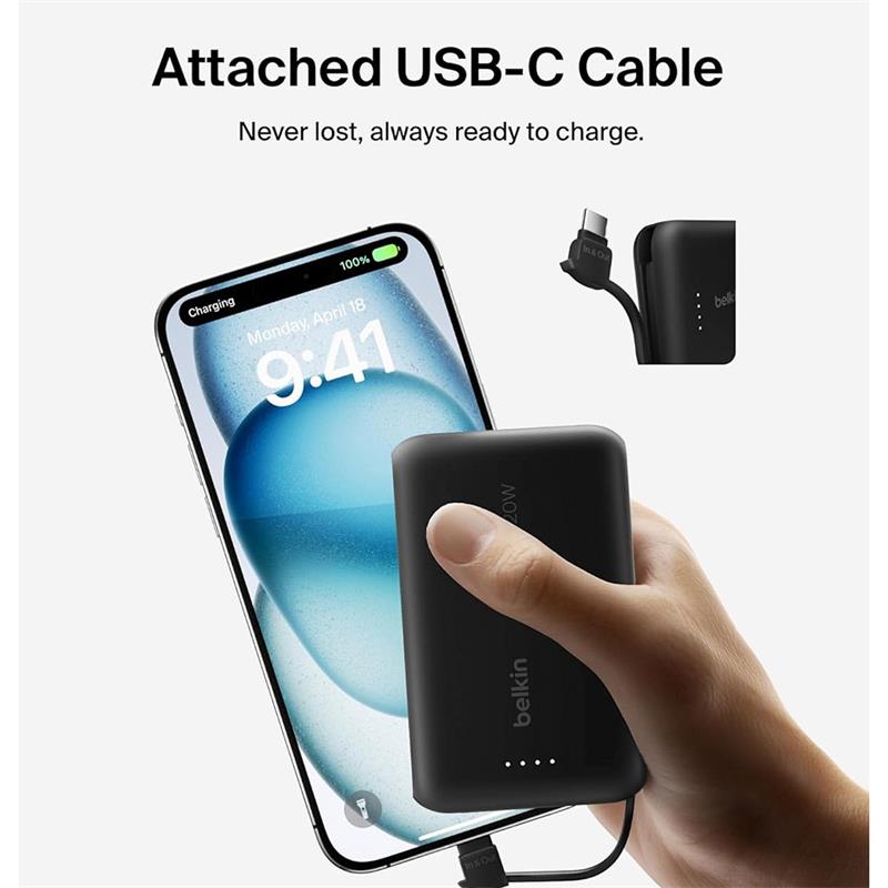 Belkin BoostCharge PowerBank 10K with Integrated USB-C Cable 20W - Pink 