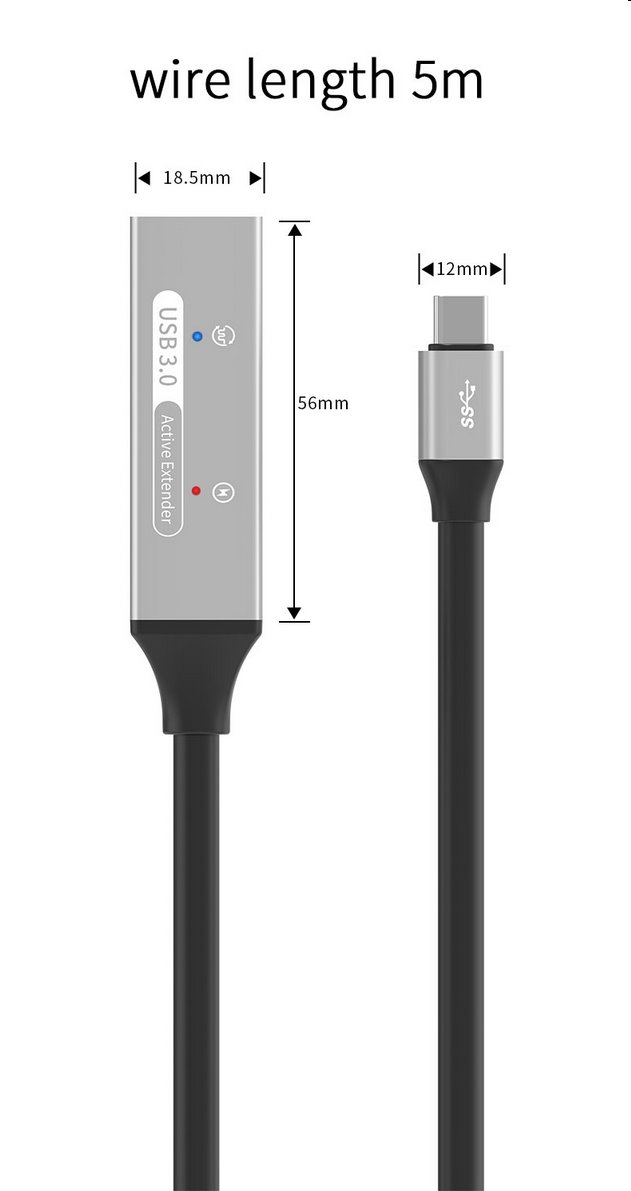 PremiumCord USB-C repeater a predlžovací kábel Male-Female, 5Gbps Aluminium 15m 