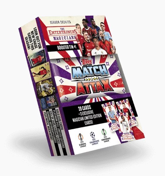 Futbalové karty Topps Match Attax TCG 2024/25 UCC Booster Tin 1 fialová 