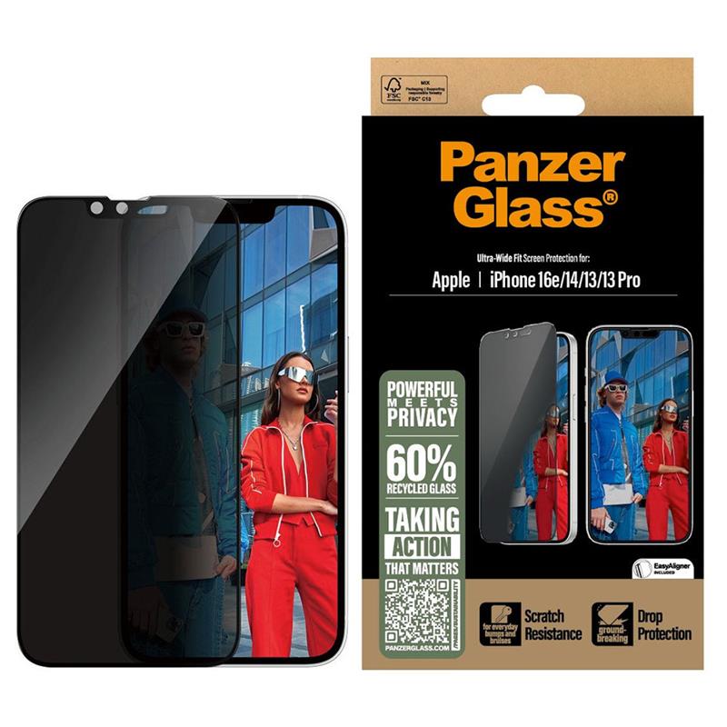 PanzerGlass ochranné sklo UWF Privacy pre iPhone 16e/14/13/13 Pro - Black Frame 