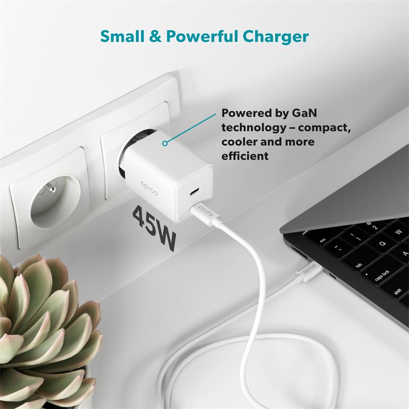 iStores by Epico Ultraboost GaN 45W sieťový adaptér EA45 s 1,2 m USB-C na USB-C kablom - biela 