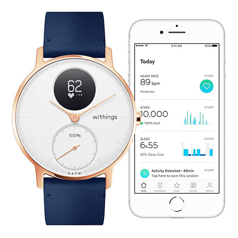 Withings Steel HR (36mm) Rose Gold w/ Blue Leather + Grey Silicone wristband