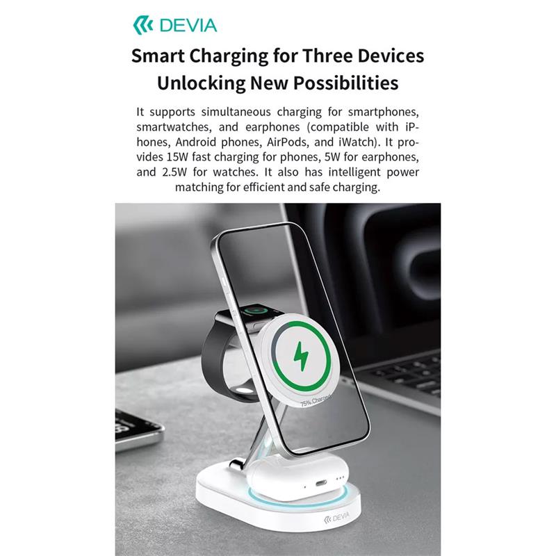 Devia Extreme Speed Series 3 in 1 Magnetic Bracket Wireless Charger - White 