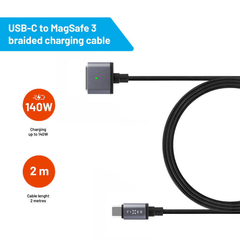 FIXED kábel USB-C/MagSafe 3, 2m, 140W, sivý 