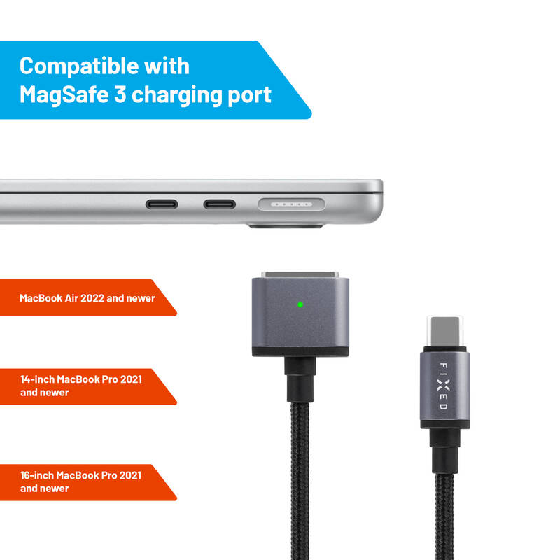 FIXED kábel USB-C/MagSafe 3, 2m, 140W, sivý 