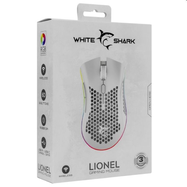 White Shark Wireless gaming mouse LIONEL, 6D, 10 000 dpi, white, vystavený, záruka 21 mesiacov 