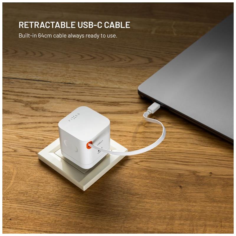 FIXED Sieťová GaNnabíjačka s 2xUSB-C výstupom PD 3.0, so samonavýjacím káblom, 65W, biela 