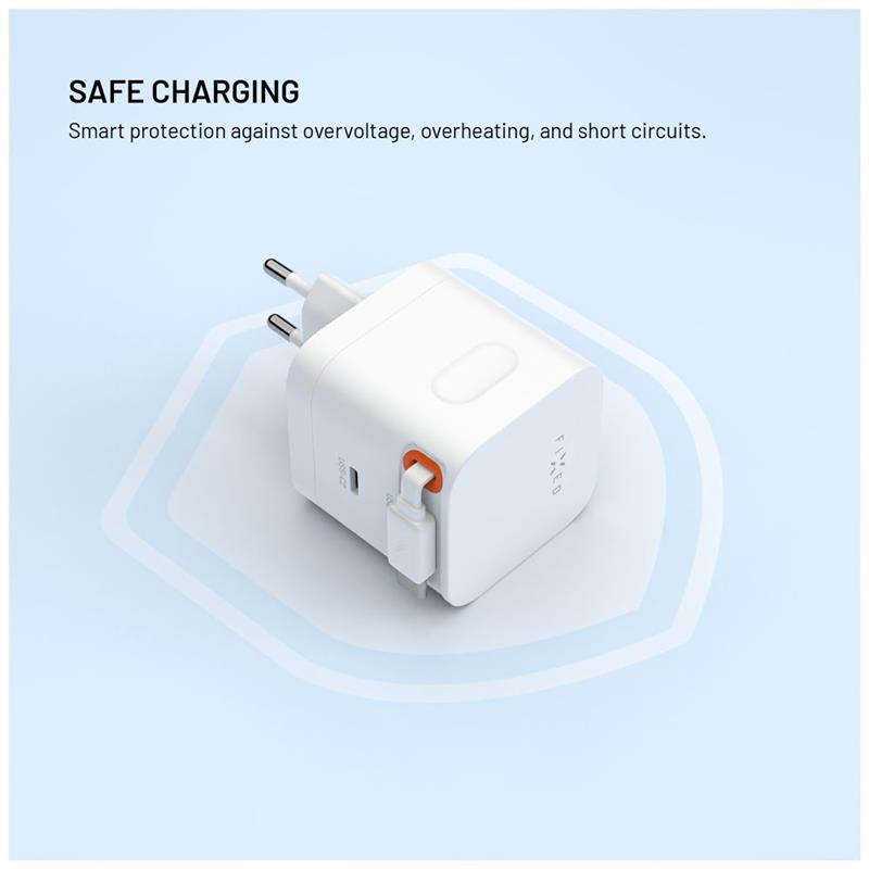 FIXED Sieťová GaNnabíjačka s 2xUSB-C výstupom PD 3.0, so samonavýjacím káblom, 65W, biela 