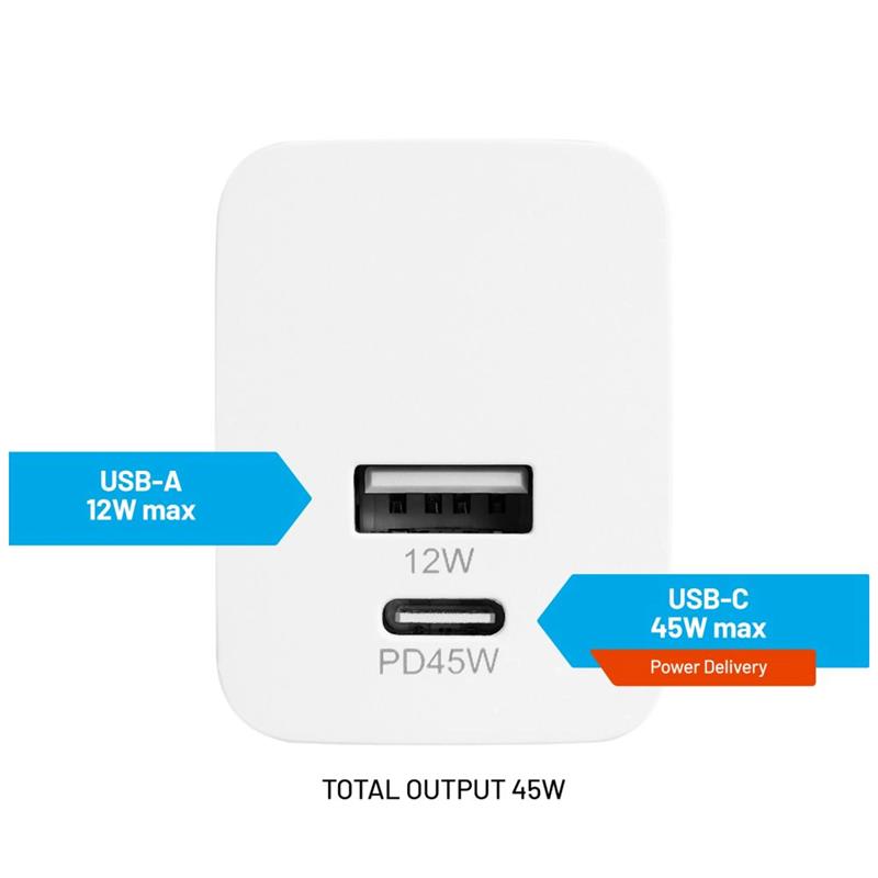FIXED Mini Sieťová nabíjačka s USB-C a USB výstupom a podporou PD, 45W, biela 