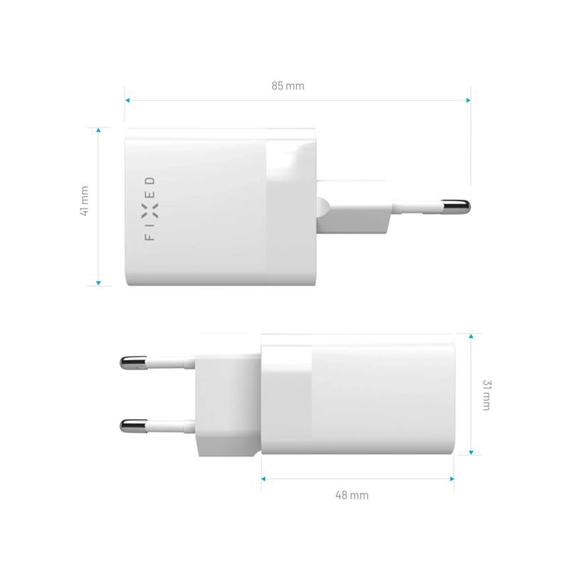 FIXED Mini Sieťová nabíjačka s USB-C a USB výstupom a podporou PD, 45W, biela 