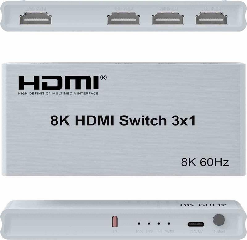 PremiumCord HDMI switch 3:1 s dialkovým ovládačom, 8K@60Hz, 4K@144Hz 