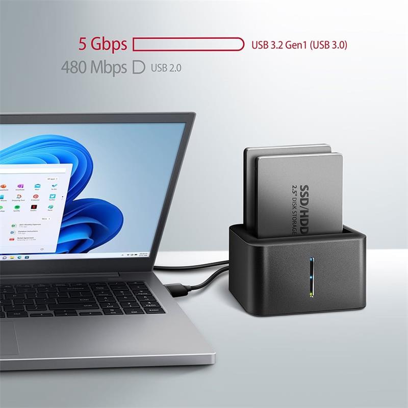 AXAGON ADSA-D25, USB 3.2 Gen 1 - 2x SATA 6G 2,5" SSD/HDD CLONE MINI dokovacia stanica 
