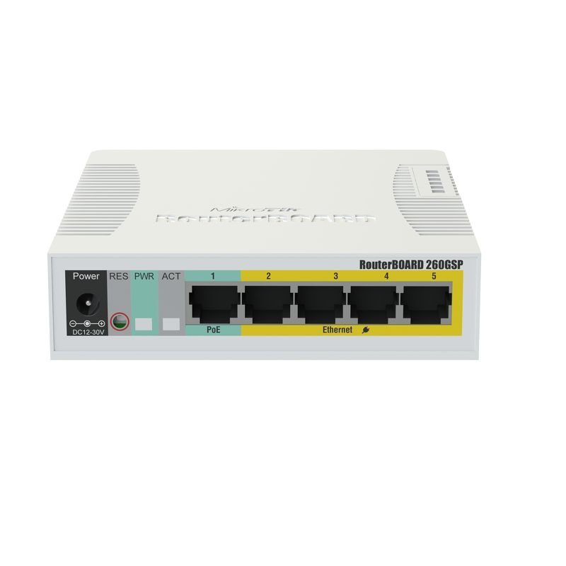 MIKROTIK RouterBOARD 260GSP  5-port Gigabit smart switch + 1x SFP (SwitchOS, PoE-ouit plastic case + power supply) 