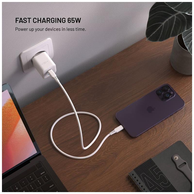 FIXED GaN Mini Sieťová nabíjačka s 2xUSB-C a USB výstupom a podporou PD, 65W, biela 