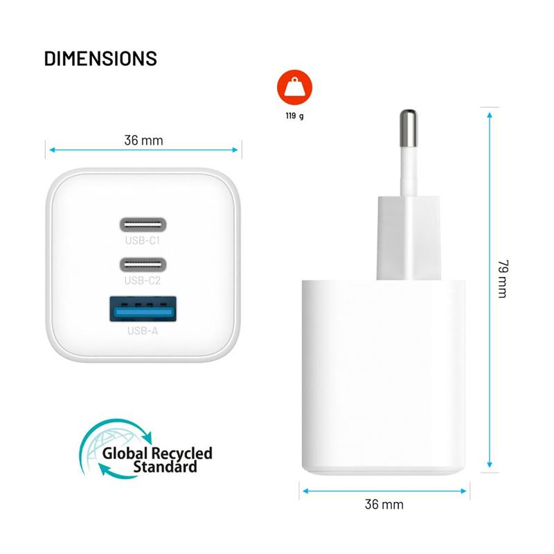 FIXED GaN Mini Sieťová nabíjačka s 2xUSB-C a USB výstupom a podporou PD, 65W, biela 