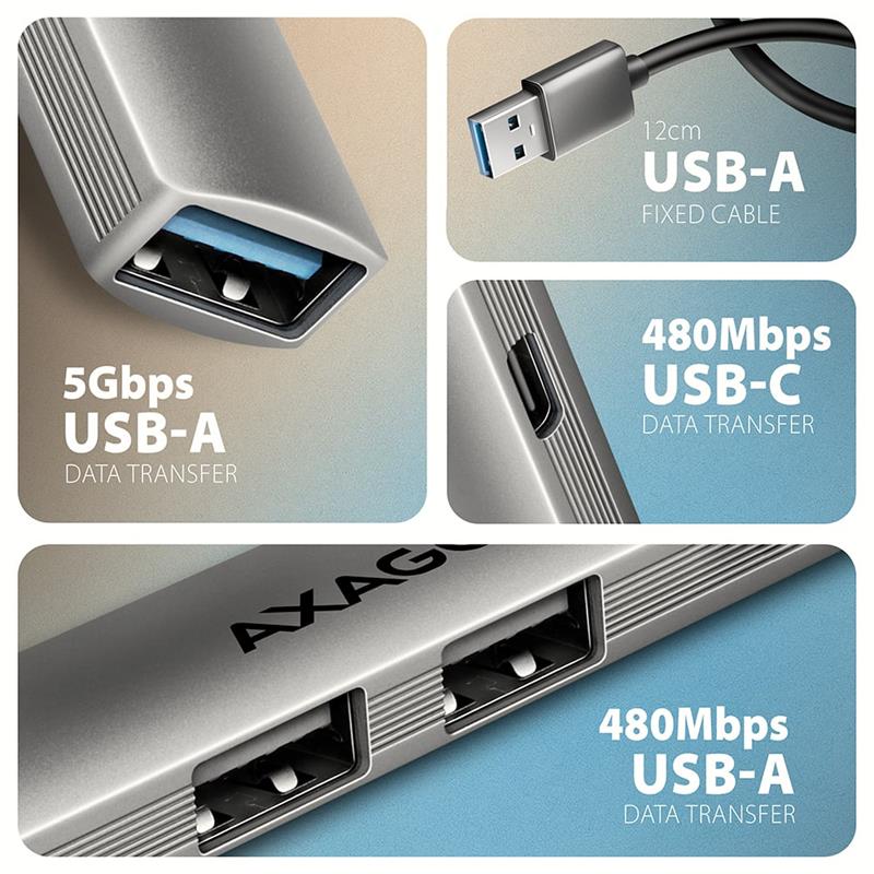 AXAGON HUE-STA, 4x USB ALU STRIP hub, 1x USB-A 5Gbps, 2x USB-A & 1x USB-C 480Mbps, kábel USB-A 12cm 